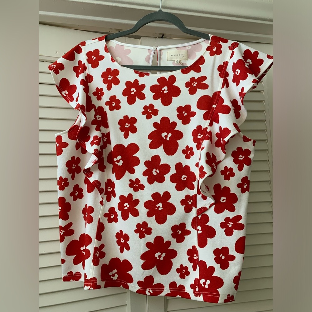 Red and White Floral Blouse- Size XL- Melloday